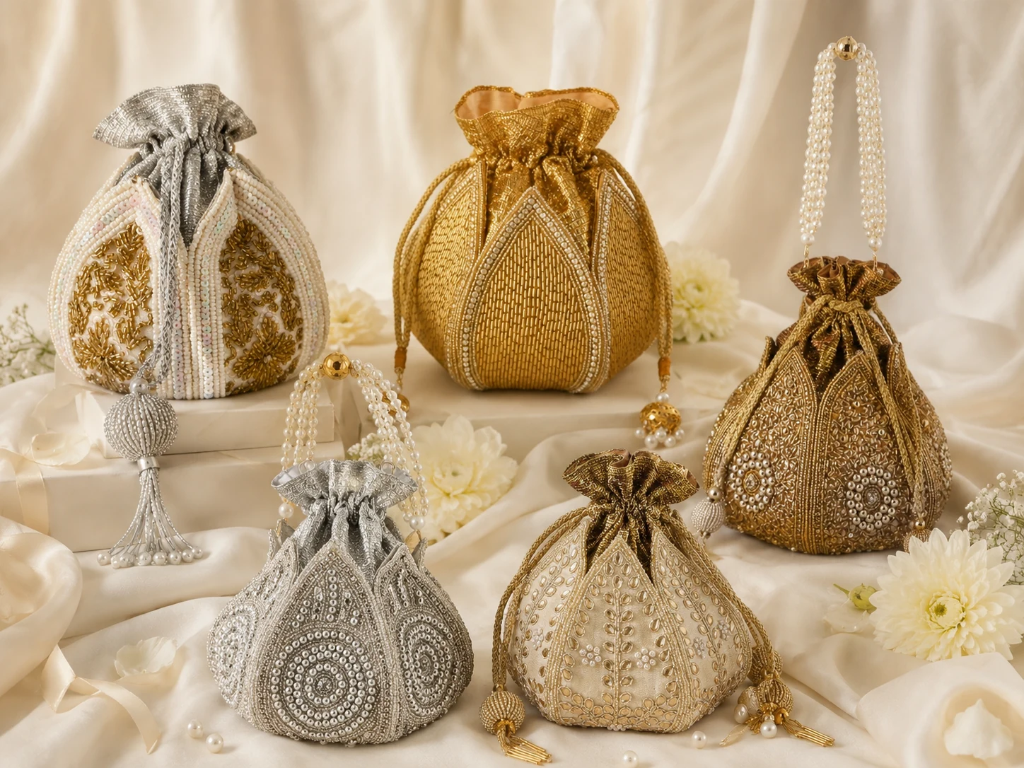 Embroidered potli presented as a modern celebration accessory