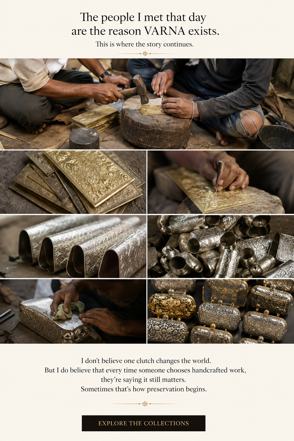 The VARNA craft story showing artisans hand-shaping, engraving, assembling and finishing metal clutches