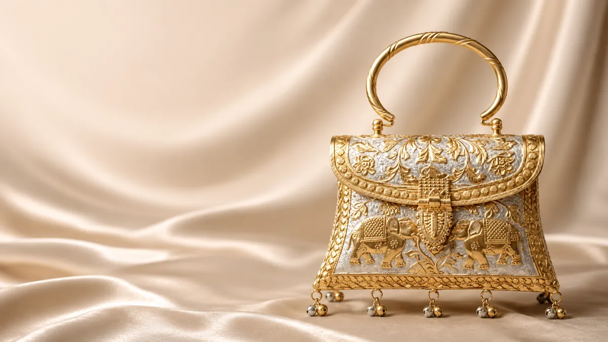 Handcrafted VARNA heritage clutch styled on luminous fabric