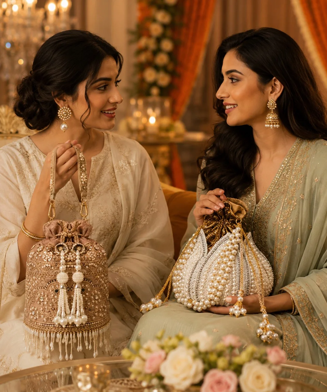Two women holding embellished potli bags