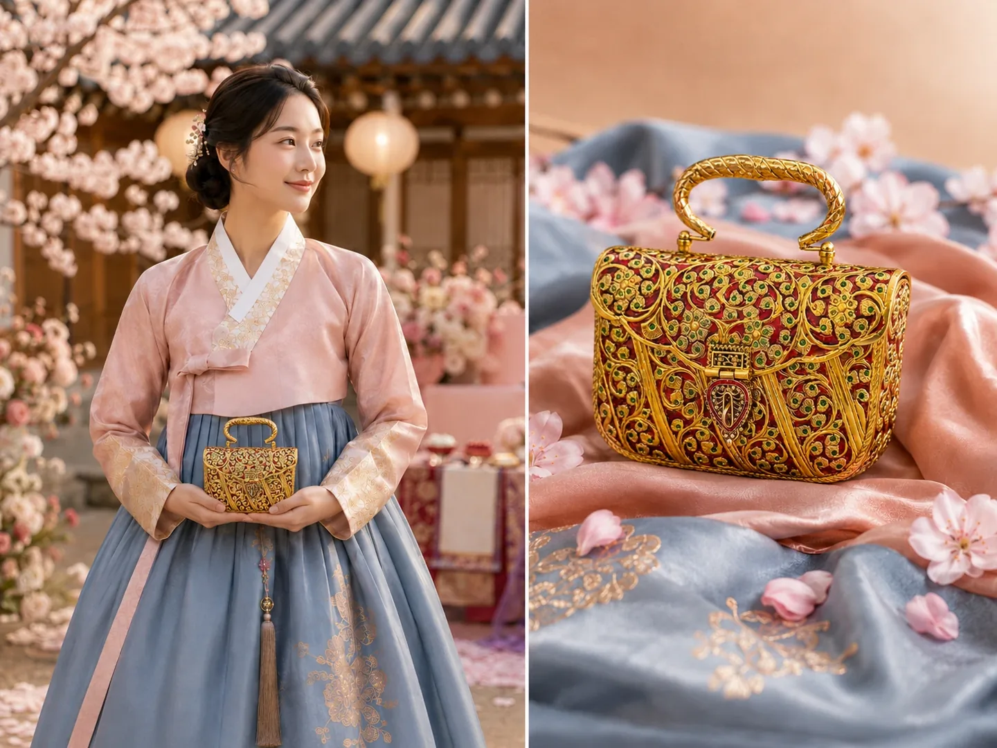 Bride in a pink and blue ceremonial dress holding a handcrafted clutch beside a matching close-up