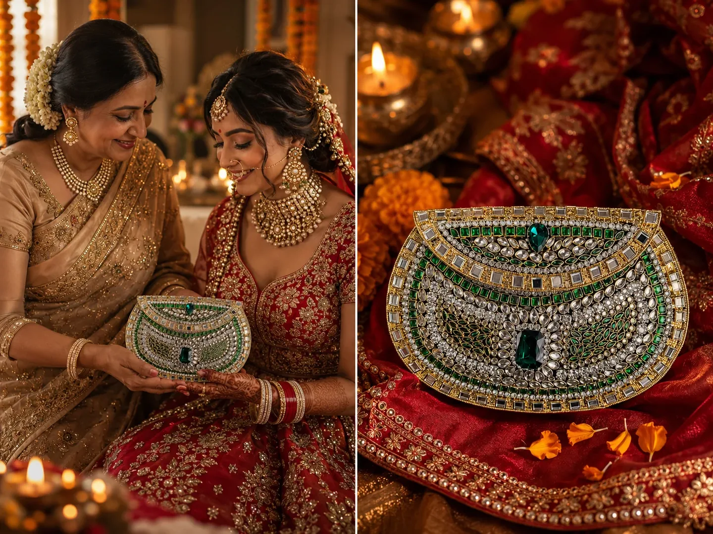 Indian bride receiving a jeweled clutch from her mother during a wedding celebration