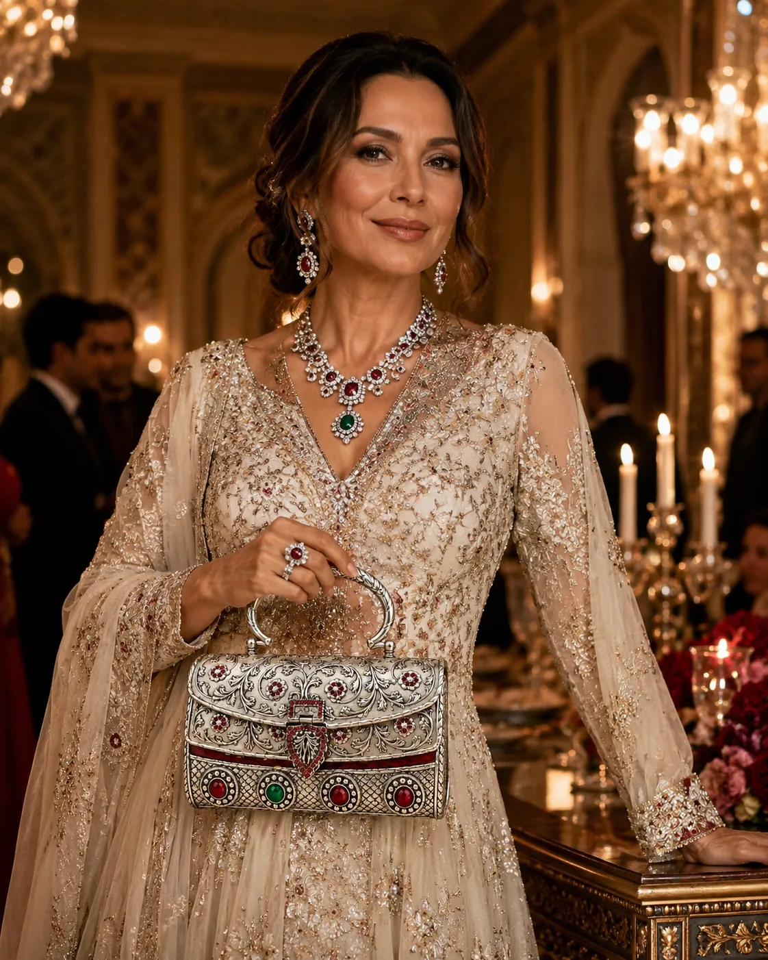 Mother of the bride in an embellished champagne ensemble carrying a silver heirloom clutch