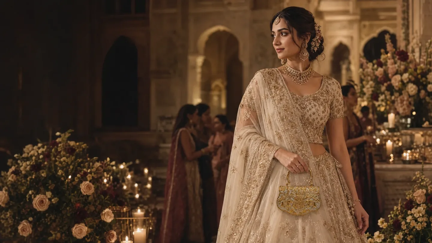 Indian wedding guest in an ivory embellished ensemble carrying a gold statement clutch at an evening reception