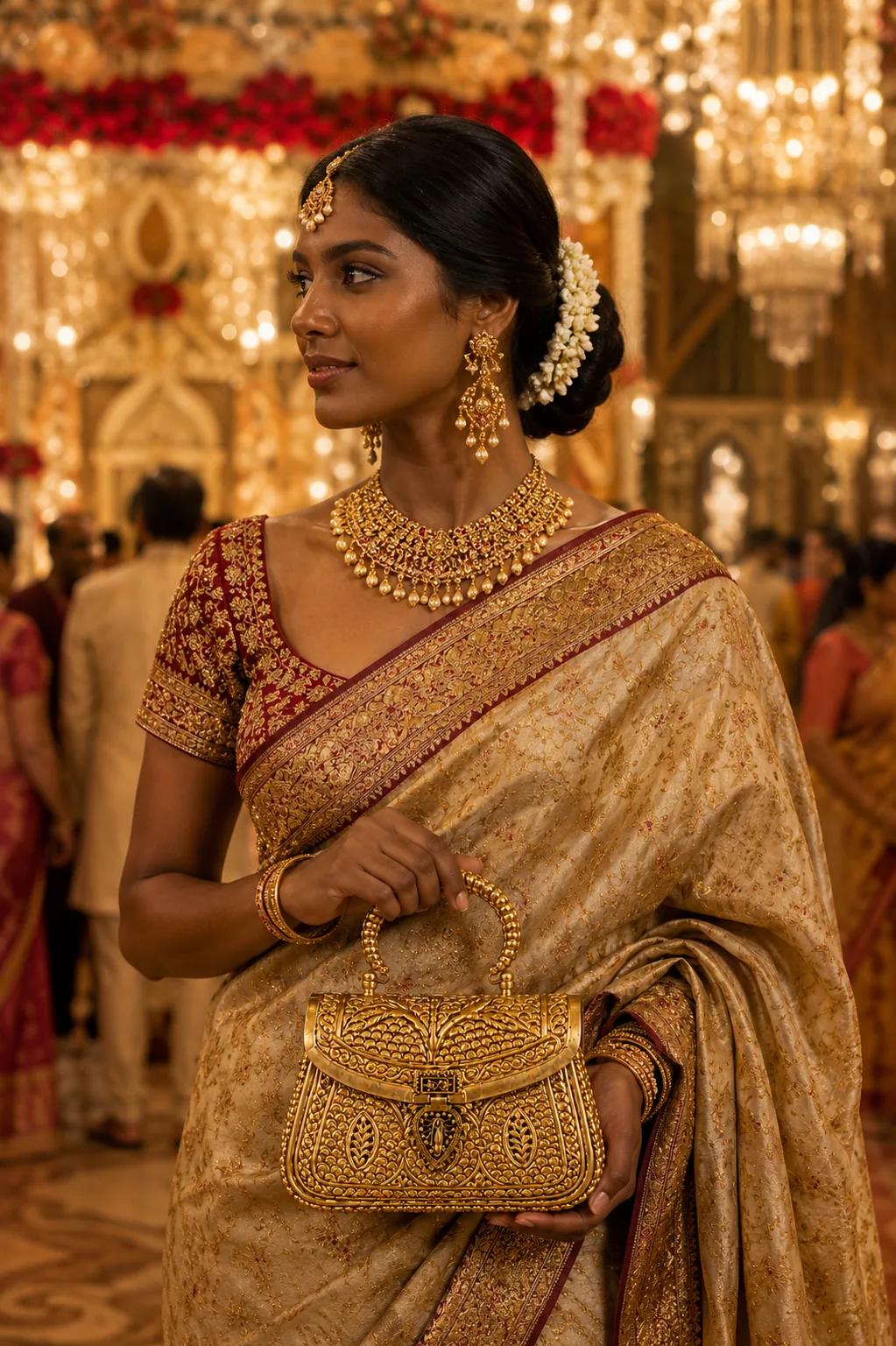 Woman in a gold saree carrying a gold heritage clutch at a grand ceremony