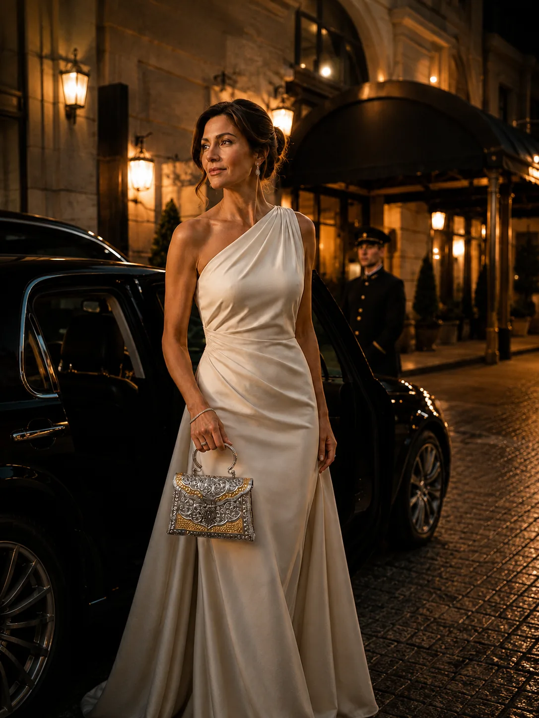 Woman in an ivory one-shoulder gown carrying the silver-and-gold Rajat clutch beside a luxury car outside a grand hotel