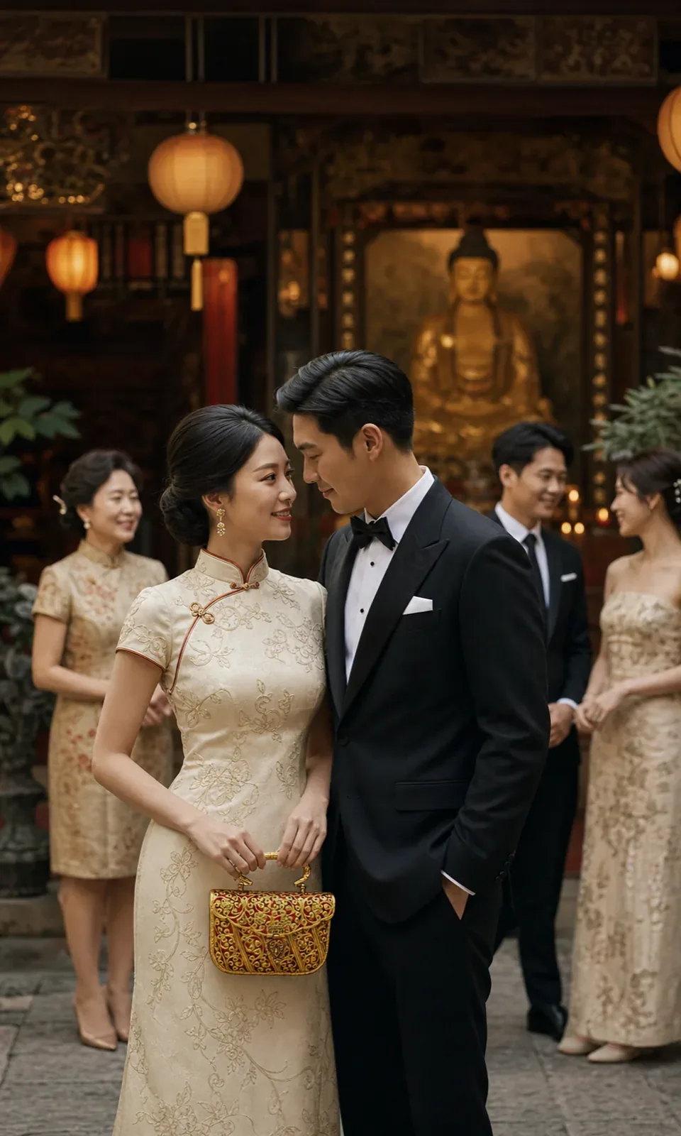 Couple at a temple celebration with the red and gold Nayantara clutch