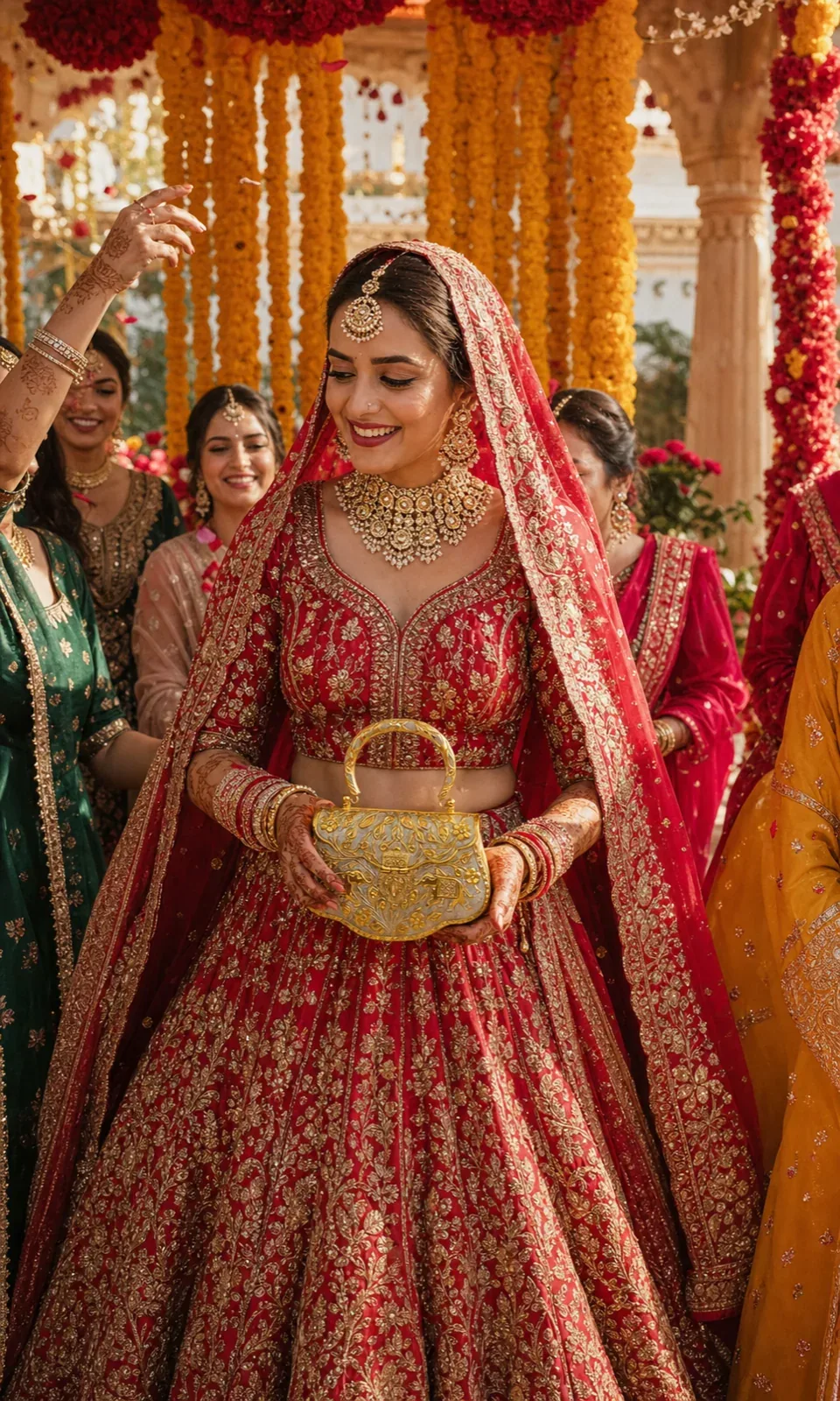 Indian bride in a red embroidered lehenga carrying a sculptural gold clutch beneath a floral mandap