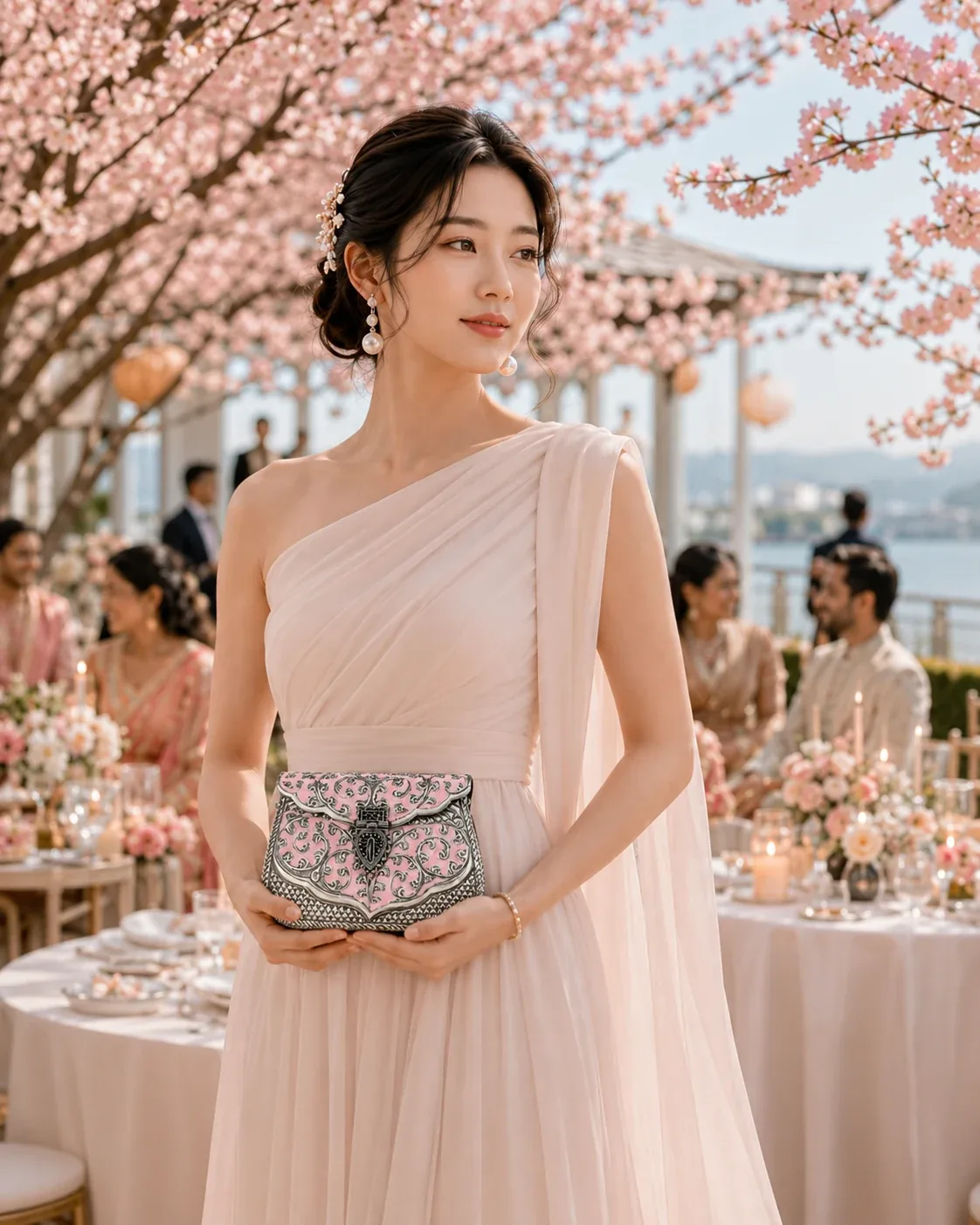 Bride in a blush gown holding the Pink Vallari clutch beneath cherry blossoms at a multicultural celebration
