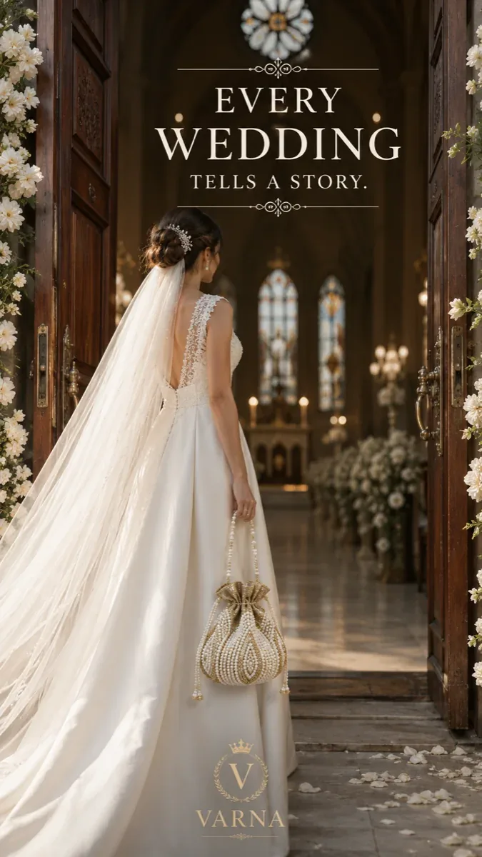 Western bride entering a flower-lined church carrying a pearl potli