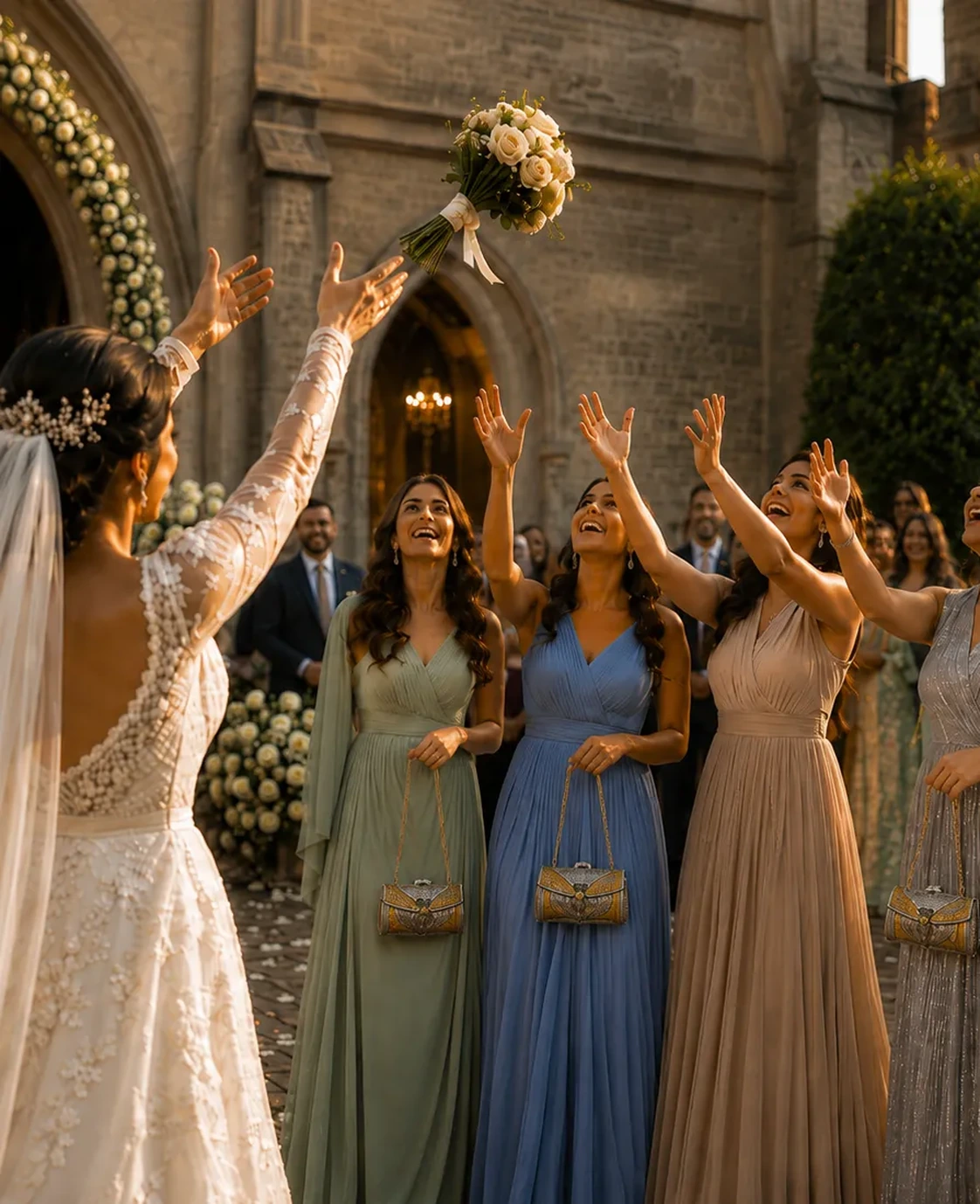 Bride tossing her bouquet toward bridesmaids carrying coordinated approximately 8 by 5 inch silver VARNA clutches outside a church