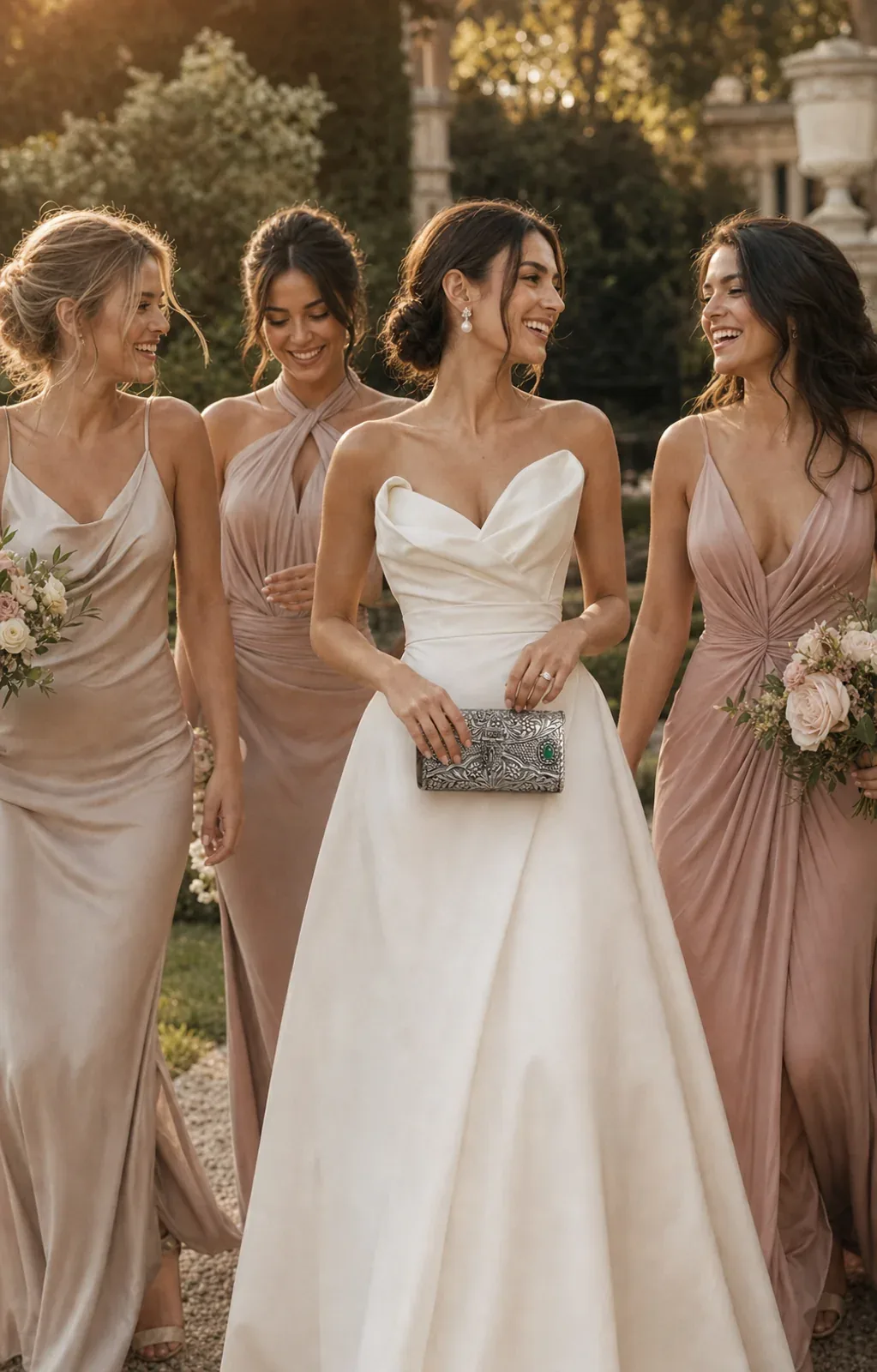 Bride walking with bridesmaids and carrying a silver handcrafted clutch