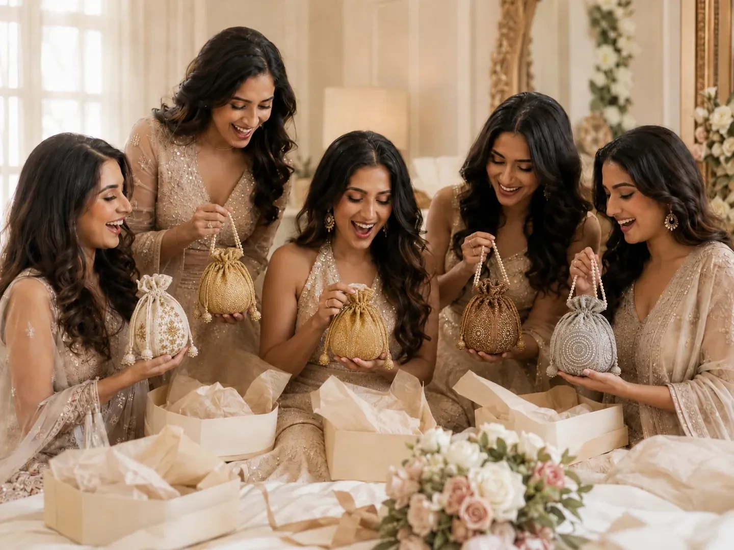 Five bridesmaids joyfully opening coordinated potli gifts in a softly lit bridal suite