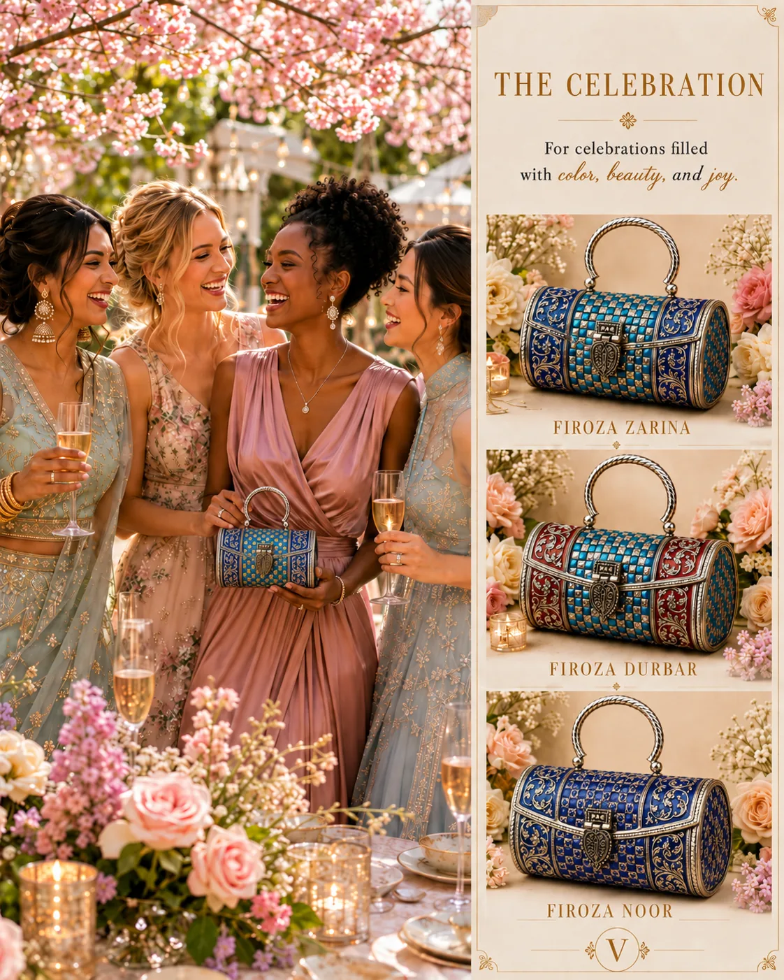 Multicultural wedding guests celebrating with coordinated Firoza clutches in a floral garden setting