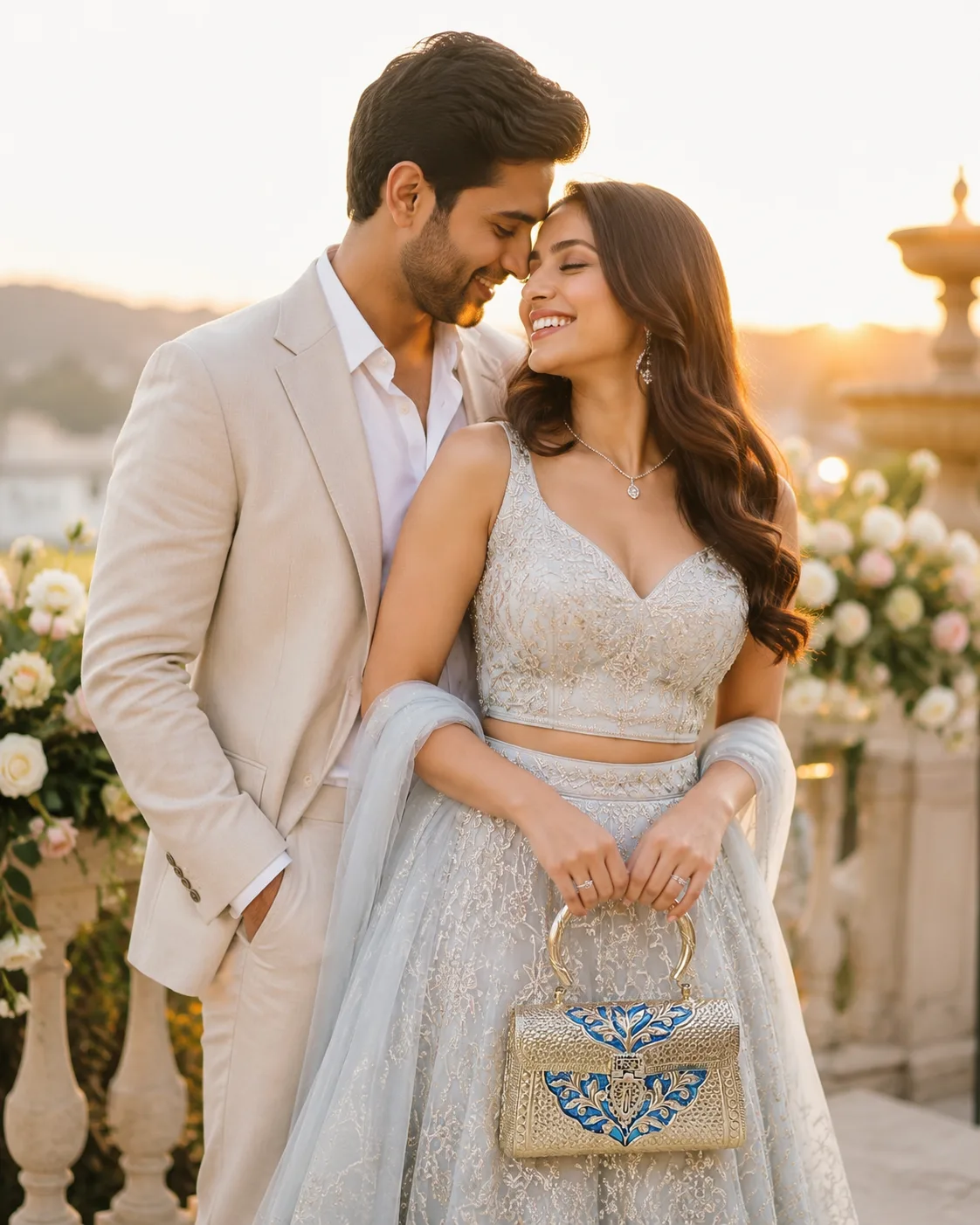 Couple embracing at golden hour, bride-to-be holding a blue and gold jeweled clutch